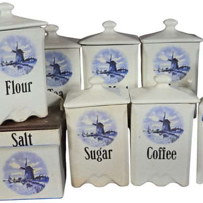 A Set of Ceramic Kitchen Storage Vessels with Blue Dutch Windmill Pattern