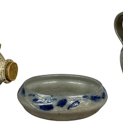 A Trio of American Salt-Glazed Stoneware Items with Cobalt Decoration