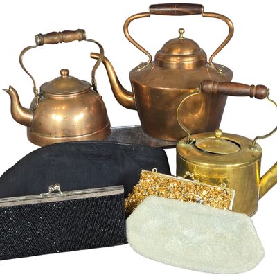 A Collection of Vintage Copper and Brass Tea Kettles and Beaded Evening Clutches including Walborg and Tagus