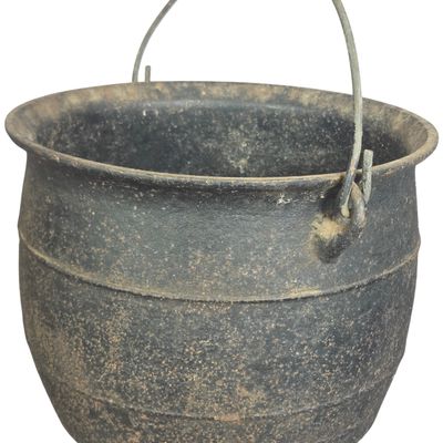 Antique Cast Iron Three-Legged Cauldron with Wire Bail Handle