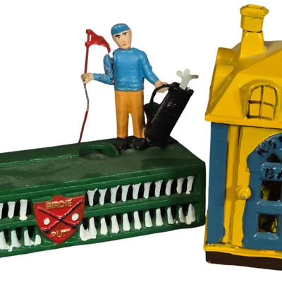 Two Reproduction Mechanical Coin Banks Including Birdie Putt Golf Theme