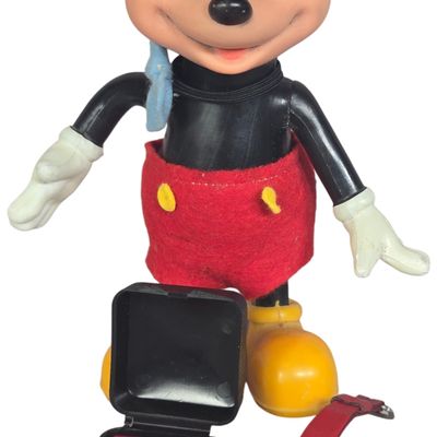 A Trio of Vintage Mickey Mouse Collectibles Including a Posable Figure and an Ingersoll Wristwatch