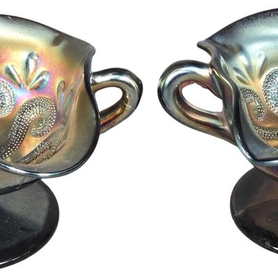 A Pair of Dugan Question Marks Amethyst Carnival Glass Footed Bon-Bons