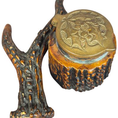 Antique Rustic Stag Horn Antler Desk Inkwell with Embossed Brass Lid