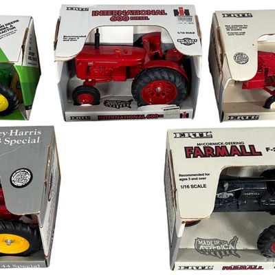 Five Ertl 1/16 Scale Die-Cast Farm Tractors and Implements in Original Boxes