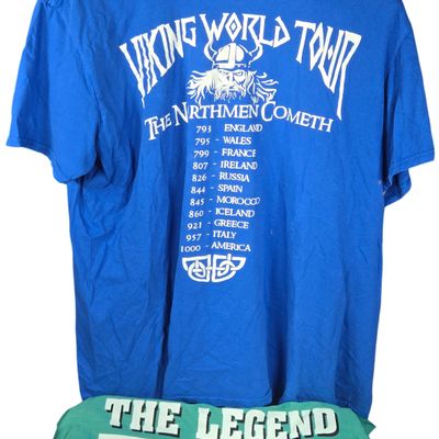 Two Vintage Graphic Garments Including Viking World Tour T-Shirt and 1990 Camp Patmos Staff Shirt