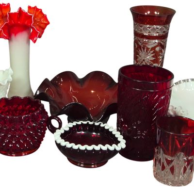 A Collection of American and European Art Glass including Fenton Ruby and Milk Glass