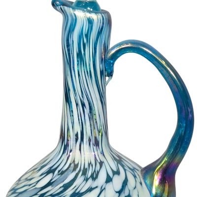Rainbow Art Glass Blue and White Pulled Feather Cruet with Iridescent Handle