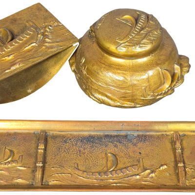 A Trio of Jennings Brothers Nautical Motif Bronze Finished Desk Accessories