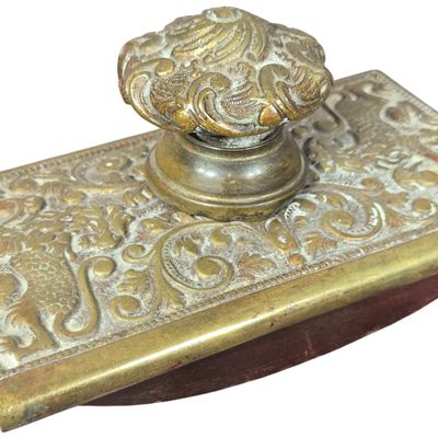 Ornate Renaissance Revival Cast Brass and Wood Desk Rocker Blotter