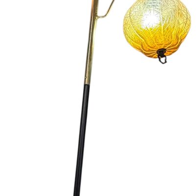 Mid-Century Modern Two-Light Tension Pole Floor Lamp with Amber Crackle Glass Shades