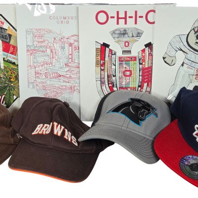 A Collection of NFL and MLB Team Caps and Signed Ohio Sports Art Prints