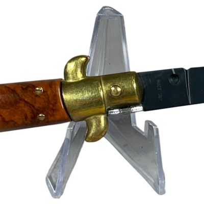Italian 9 Inch Automatic Stiletto Knife with Burl Wood Scales and Black Bayonet Blade