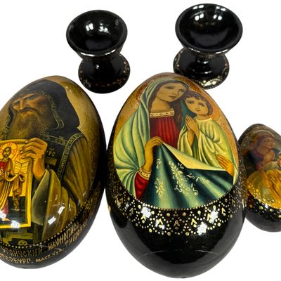 P. Konoplich A Set of St. Petersburg Lacquer Religious Eggs and Stands, 1993