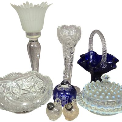A Collection of Seven Decorative Glass Items Including Handcrafted Romanian Crystal and Opalescent Hobnail