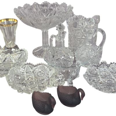 An Assortment of Antique and Vintage Cut and Pressed Glass Tablewares including Amethyst Satin Glass Swans