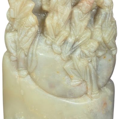 Chinese Carved Celadon Hardstone Eight Immortals Seal Blank and Water Dropper