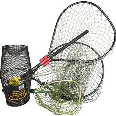 An Assortment of Fishing Equipment Including an EGO S2 Slider Landing Net and a Frabill Fish Trap