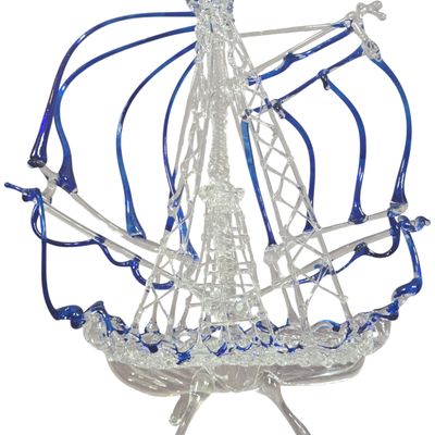 Spun Glass Sailing Ship Sculpture in Clear and Cobalt Blue