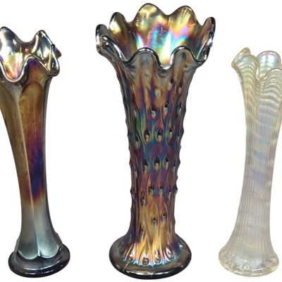 Three American Carnival and Opalescent Glass Swung Vases including Northwood