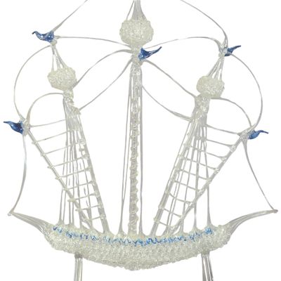 Large Spun and Lampworked Glass Sailing Ship Sculpture with Cobalt Blue Accents