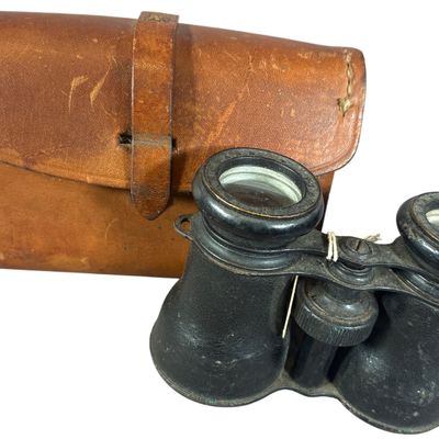 A Pair of Vintage French Marchand Paris Field Glasses with Dated Leather Case 1912