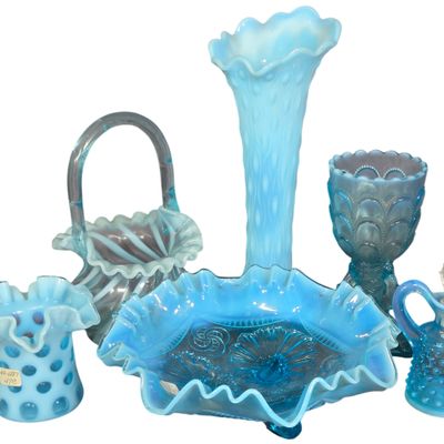 A Set of Six Fenton Blue Opalescent Art Glass Decorative Pieces