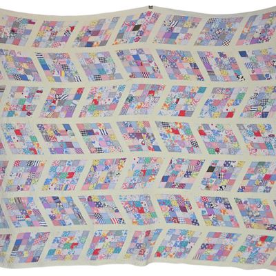 Mid-Century Hand-Quilted Scrappy Patchwork Quilt with 16-Patch Chevron Design