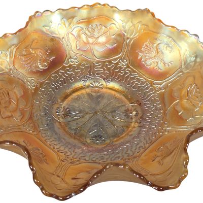 Fenton Marigold Carnival Glass Dragon and Lotus Ruffled Bowl