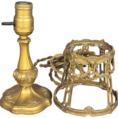 Antique Neo-Classical Gilt Metal Table Lamp with Matching Shade Frame