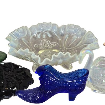A Lot of Six Pieces of Vintage American Decorative Glass Featuring Northwood, Imperial, and Westmoreland