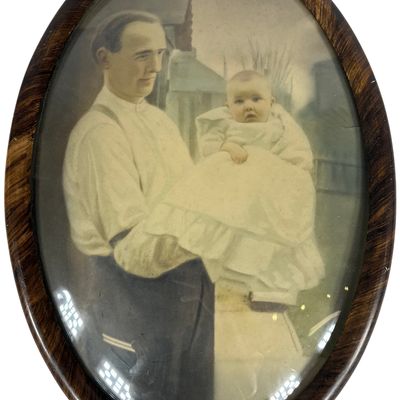 Antique Oval Father and Child Portrait in Convex Bubble Glass Tiger Stripe Frame
