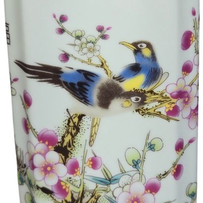 Chinese Famille Rose Porcelain Rectangular Brush Pot with Bird and Plum Blossom Decoration