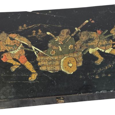Late Edo to Meiji Period Japanese Black Lacquer Narrative Stationery Box