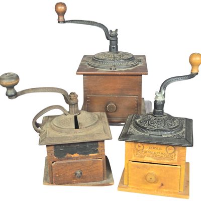 A Trio of Antique Manual Box Coffee Mills Including Wrightsville Hardware Company Colonial No. 1707
