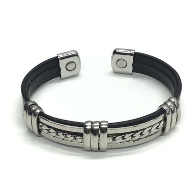 Steel and leather cuff bracelet