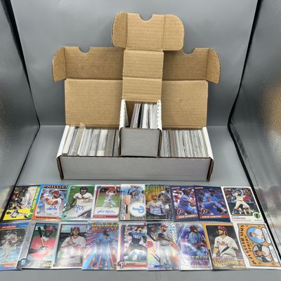 Box of Assorted Philadelphia Phillies Baseball Cards W/ Many Stars, Rookies, Autos, Relics, Refractors, Parallels, & More