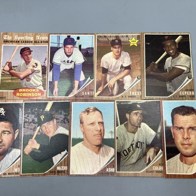 (9) 1962 Topps Baseball Star Player Cards - Brooks Robinson, Richie Ashburn, Ron Santo - Varying Conditions