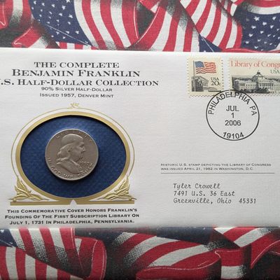 Sale Photo Thumbnail #263: 1957-D Franklin Half Dollar, 90% Silver - In Commemorative Philatelic-Numismatic Cover