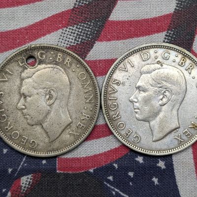 Sale Photo Thumbnail #108: 1938 w/Hole and 1942 United Kingdom George VI Half Crowns - 14.138 Grams Each, Wartime Issue, .500 Fine Silver