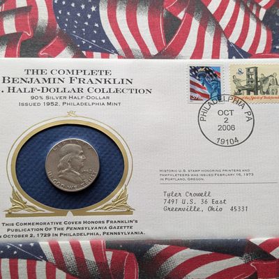 Sale Photo Thumbnail #128: 1952-P US Franklin 90% Silver Half Dollar in Commemorative Philatelic Cover