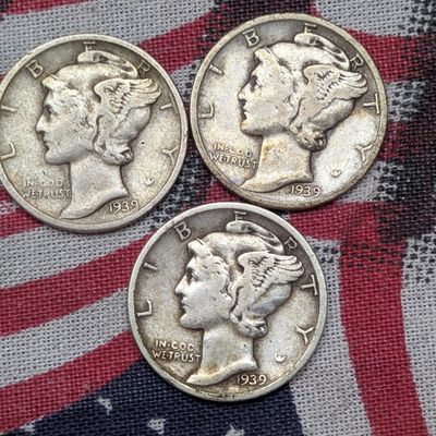 1939 P, D & S Mercury Dimes, 90% Silver