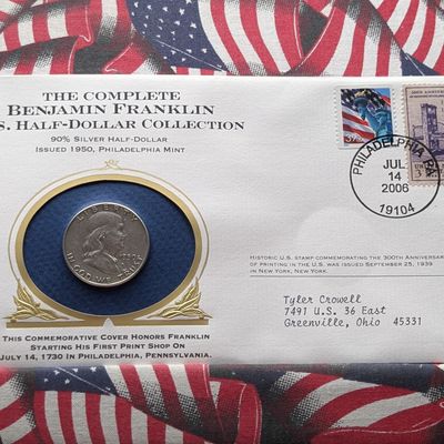 1950-P US Franklin Half-Dollar, 90% Silver in commemorative Philatelic-Numismatic Cover