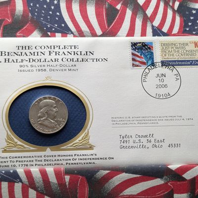 Sale Photo Thumbnail #272: 1958-D Franklin Half Dollar, 90% Silver - In Philatelic-Numismatic Cover Postmarked June 10, 2006