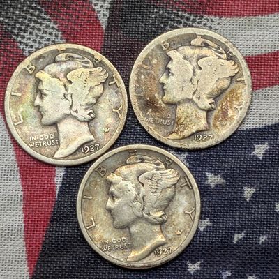 Sale Photo Thumbnail #412: 1927 P, D & S Mercury Dimes, 90% Silver