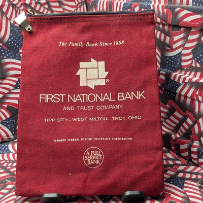 Sale Photo Thumbnail #406: First National Bank and Trust Company Red Canvas Zippered Deposit Bag - Issued in Ohio