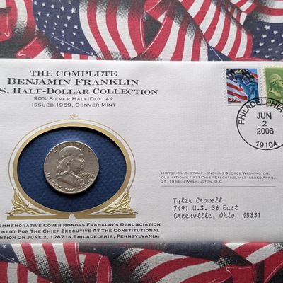 Sale Photo Thumbnail #281: 1959-D Franklin Half Dollar, 90% Silver - Commemorative Philatelic-Numismatic Cover