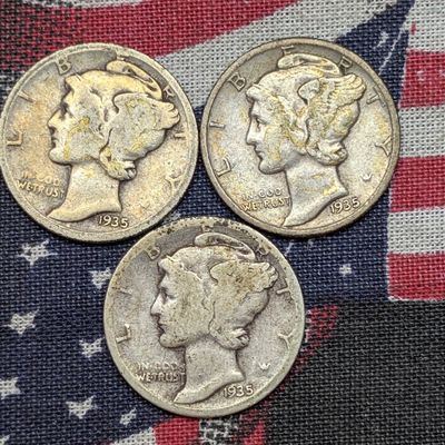 Sale Photo Thumbnail #448: 1935 P, D, & S US Mercury Dimes - 90% Silver