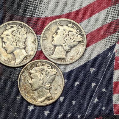 1942 P, D & S Wartime Mercury Dimes, 90% Silver