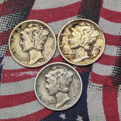 1938 P, D & S Mercury Dimes, 90% Silver